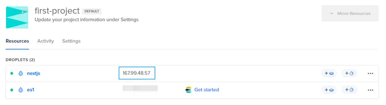 DigitalOcean Droplet Dashboard with Droplet IP Address