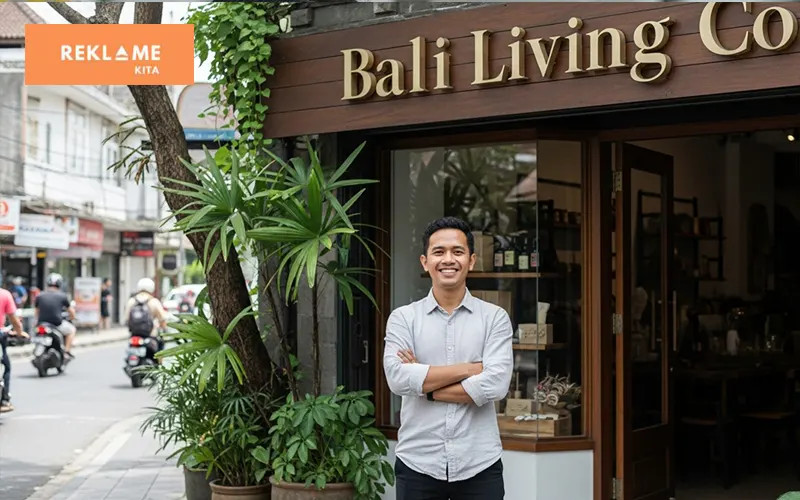 Owner UMKM di Bali berdiri di depan toko dengan huruf timbul sebagai identitas branding bisnis yang profesional.