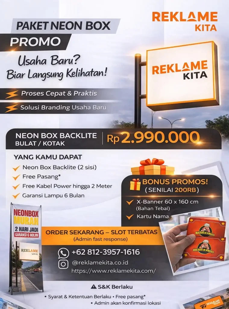 Harga neon box di Bali pada tahun 2026 umumnya berkisar antara 2 jutaan hingga 3 jutaan, tergantung ukuran, jenis material, dan kebutuhan pemasangan indoor atau outdoor.