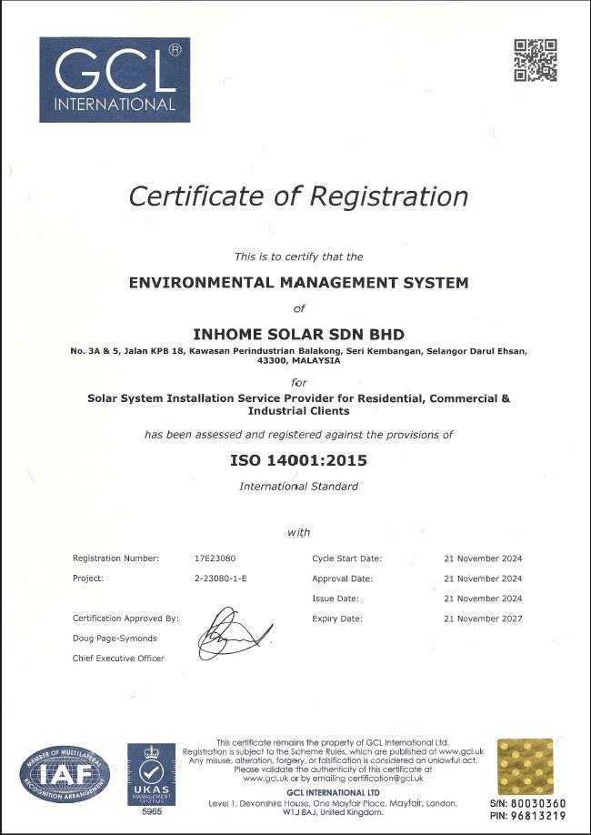 Inhome Solar certificate document 1