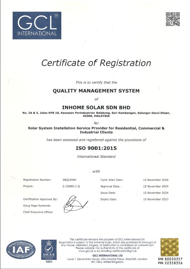 Inhome Solar certificate document 2