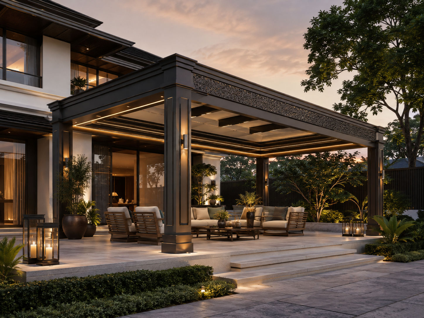 Double T-Light luxury pergola with integrated LED lighting at night