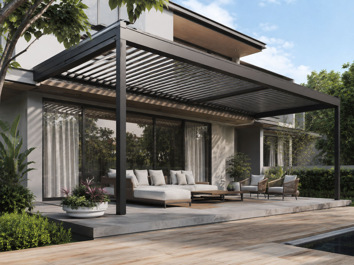 Smart louvered pergola with adjustable aluminium louvers on a modern patio