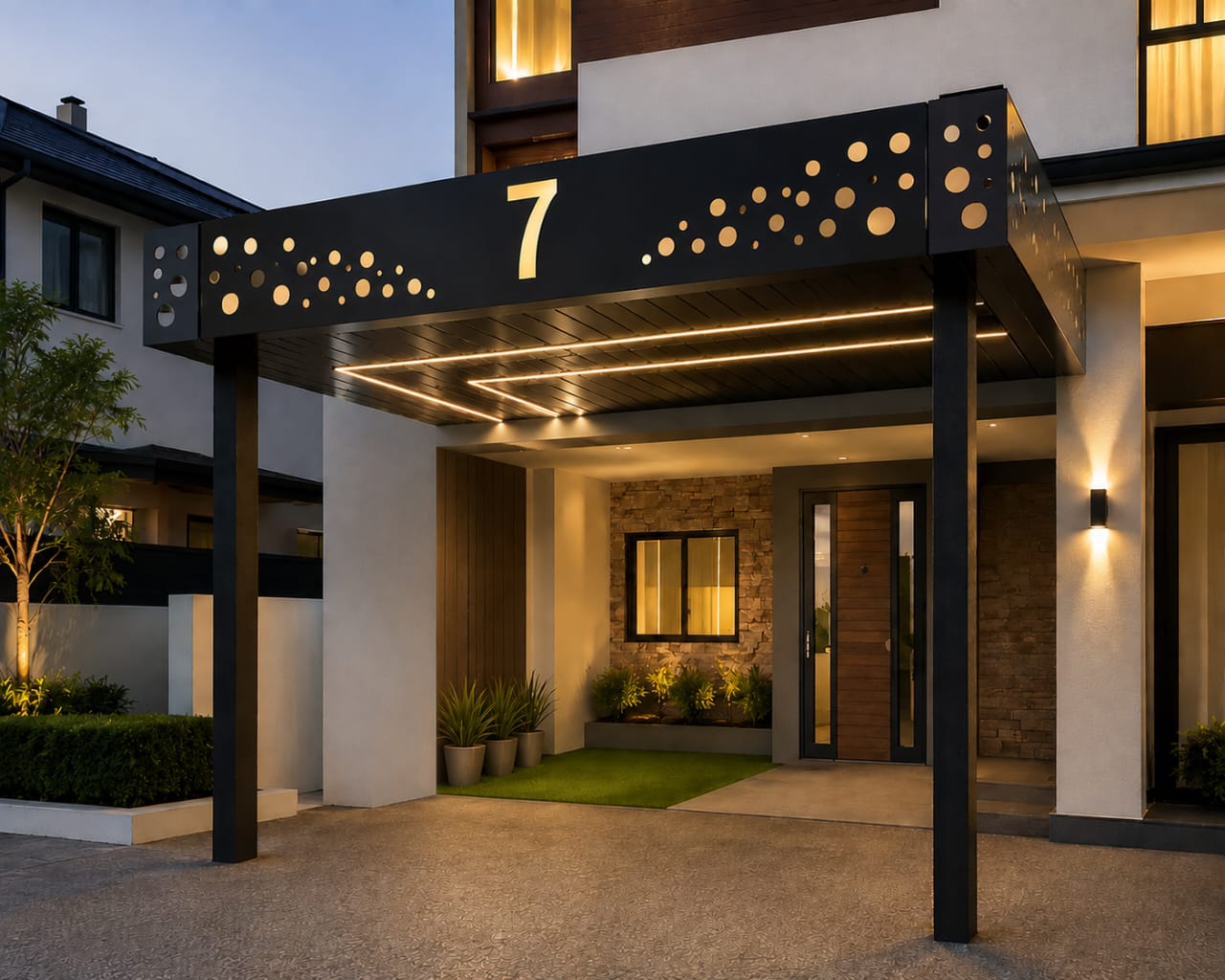 Double T-Light luxury pergola with integrated LED lighting at night