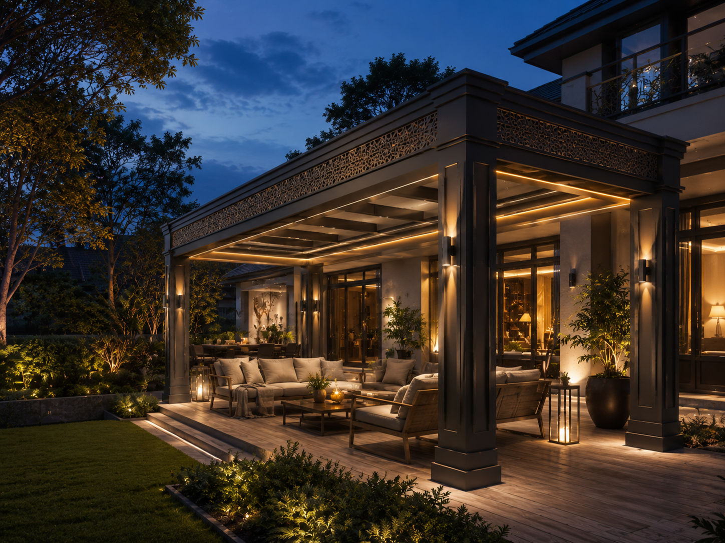 T-Light pergola with blue and amber edge LED on a contemporary home