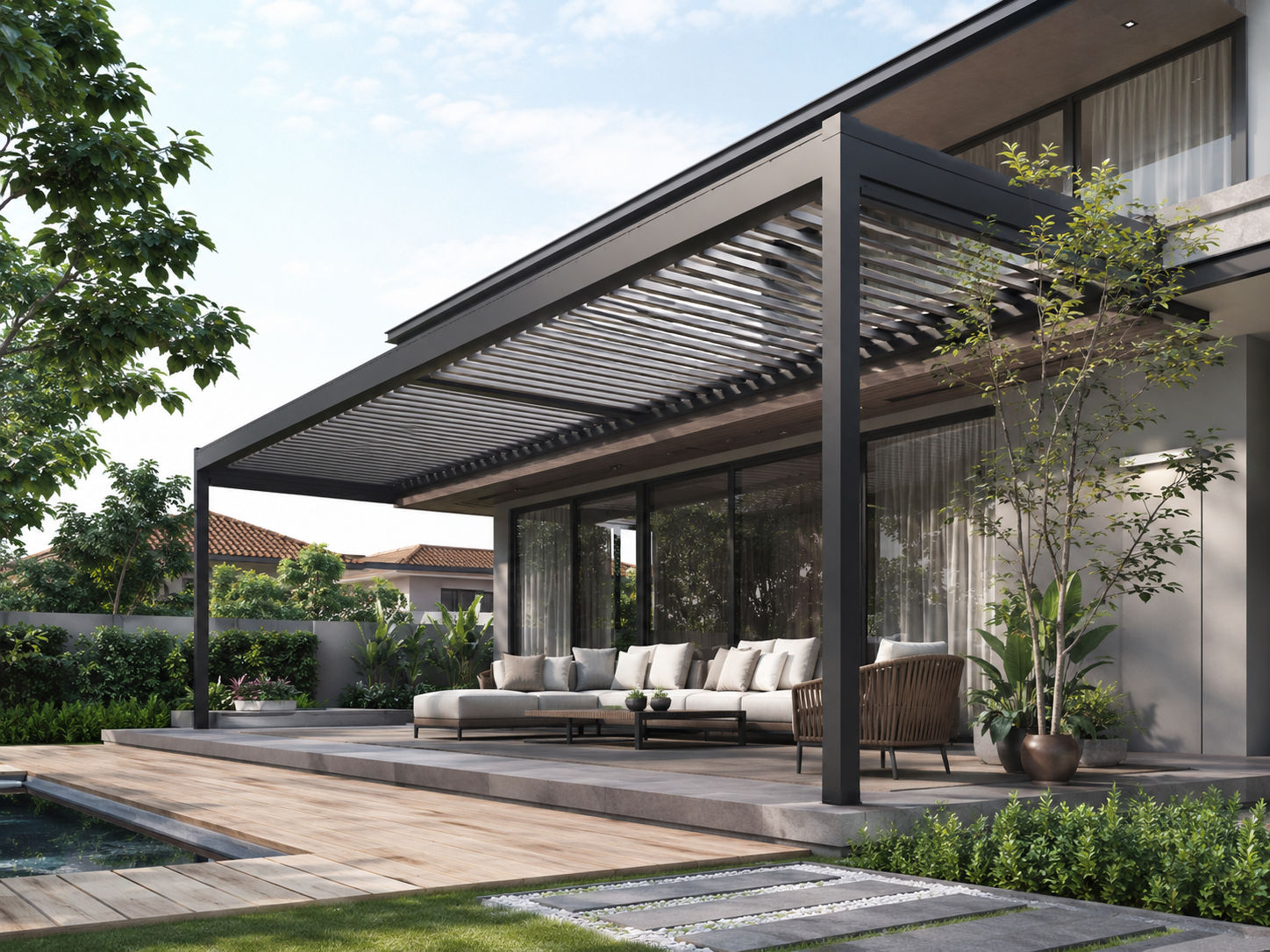 Tiltable louver pergola system overview and installation detail