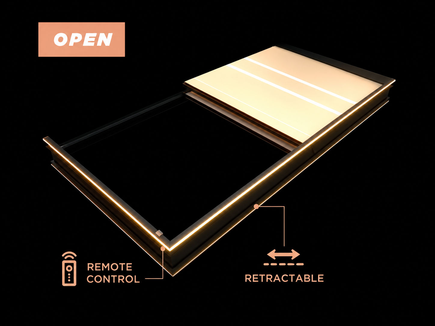 Tettro Retractable Roof open position with remote control and retractable mechanism
