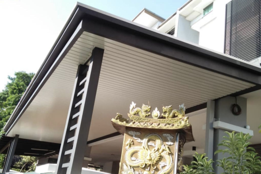 Linear aluminium ceiling used as a porch soffit with a clean outdoor finish.
