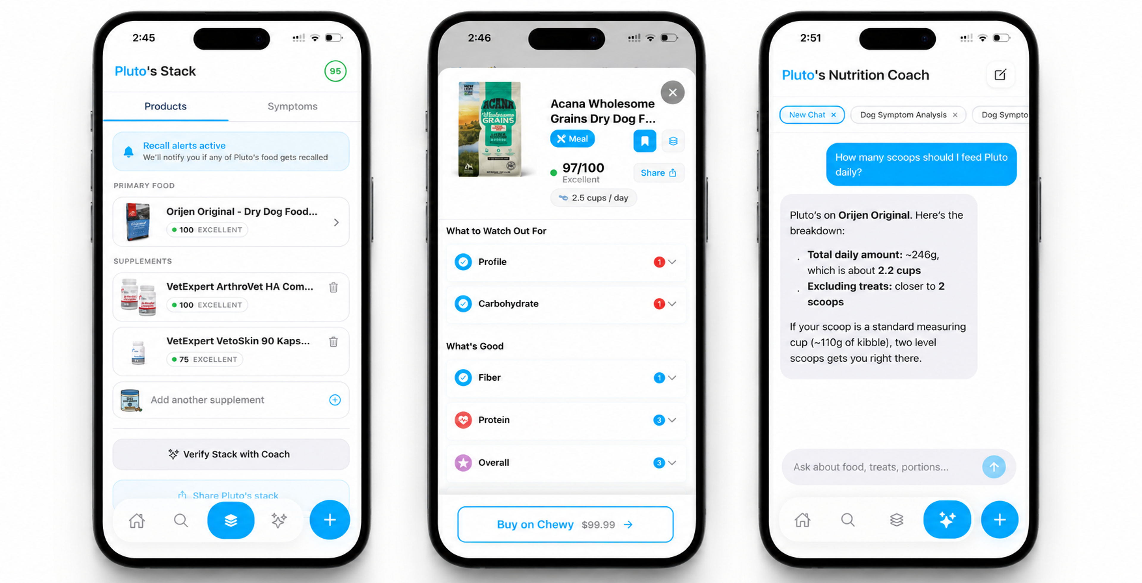 Doggo Eats app screens showing food stack, product score, and AI Coach