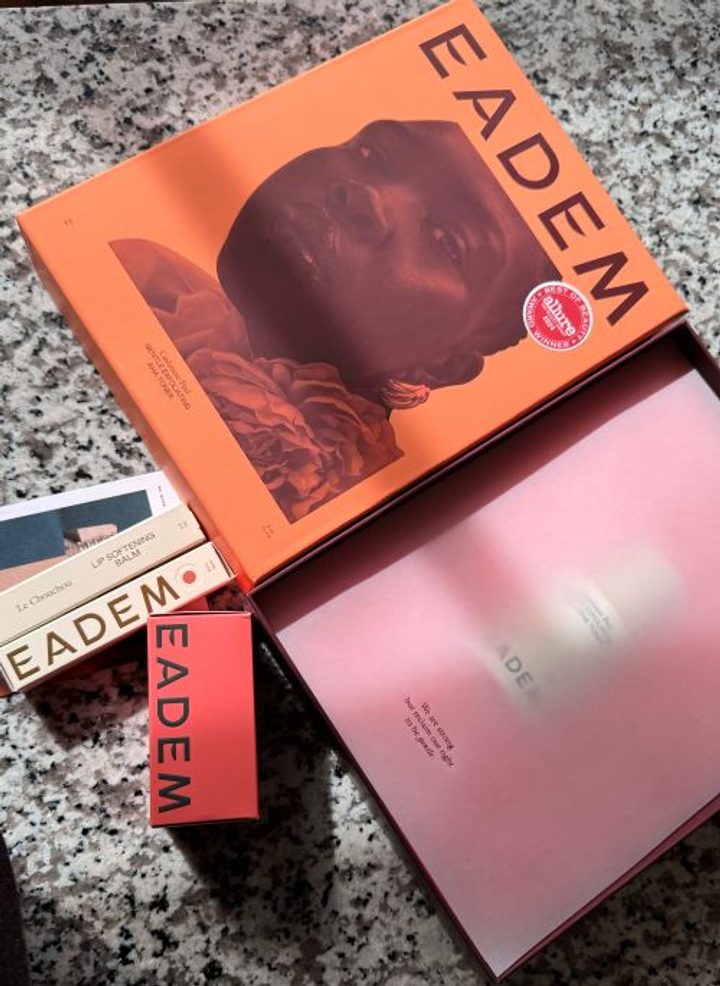 Colorful beauty packaging arranged on a counter