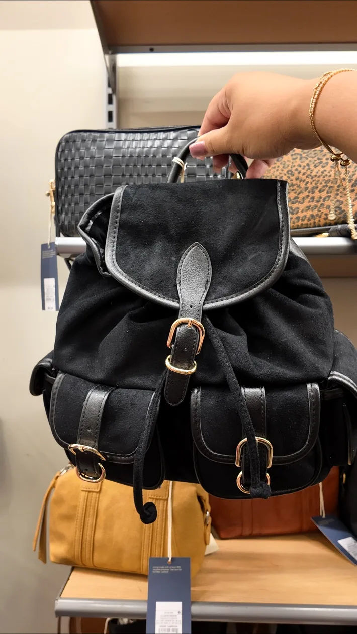 Black faux-suede buckle backpack found at Target