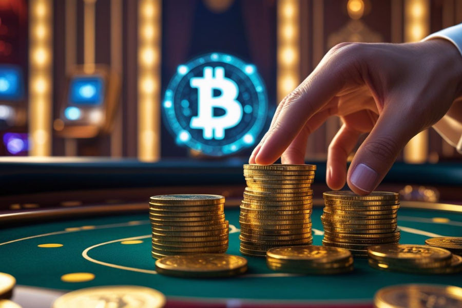 a hand reaching for crypto coins in a crypto casino