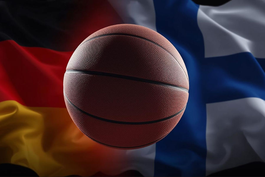 a basketball between the flags of germany and finland
