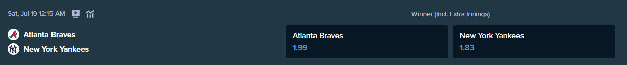 ニューヨーク・ヤンキースとアトランタ・ブレーブスの試合のStake.comからの現在の勝利オッズ
