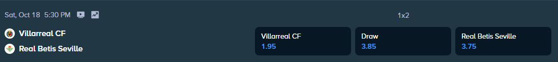 stake.com betting odds for the la liga match between villarreal cf and real betis 