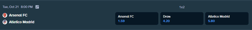 betting odds from stake.com for the match between atletico madrid and arsenal