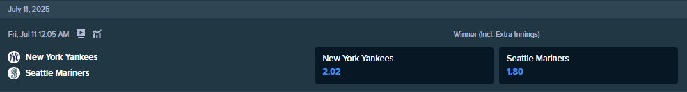 stake.com からの現在のニューヨーク・ヤンキースとシアトル・マリナーズのベッティングオッズ