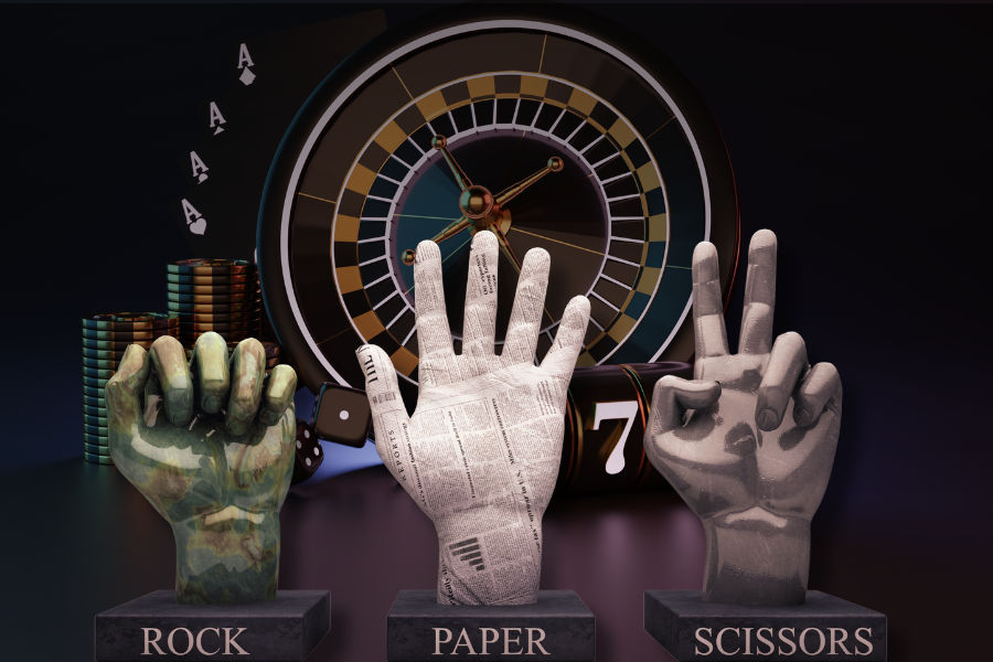 3 hands demonstrating rock, paper and scissors