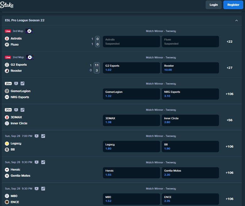 betting odds from stake.com esl pro league season 22