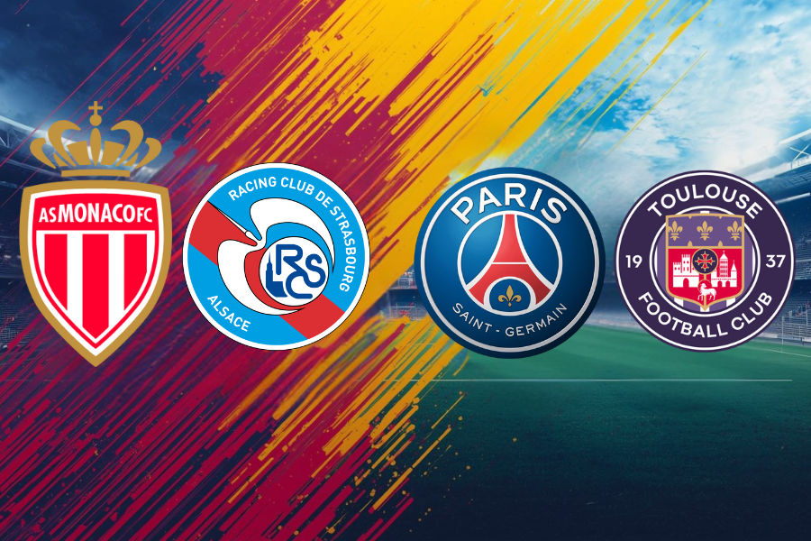 the official logos of as monaco and rc strasbourg and toulouse and psg football teams