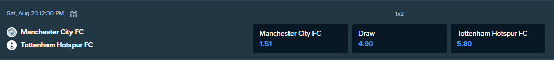 betting odds from stake.com for the match between manchester city vs tottenham hotspur football teams