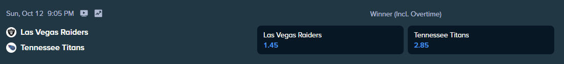 betting odds from stake.com for the match between las vegas raiders and tennessee titans