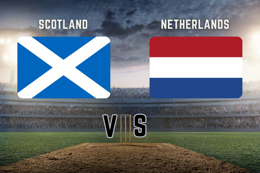 the flags of scotland and netherlands in a cricket ground