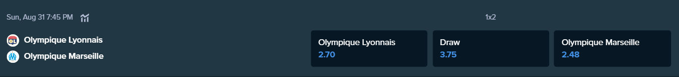أحداث المراهنات من stake.com للمباراة بين فريقي ليونيه ومارسيليا لكرة القدم
