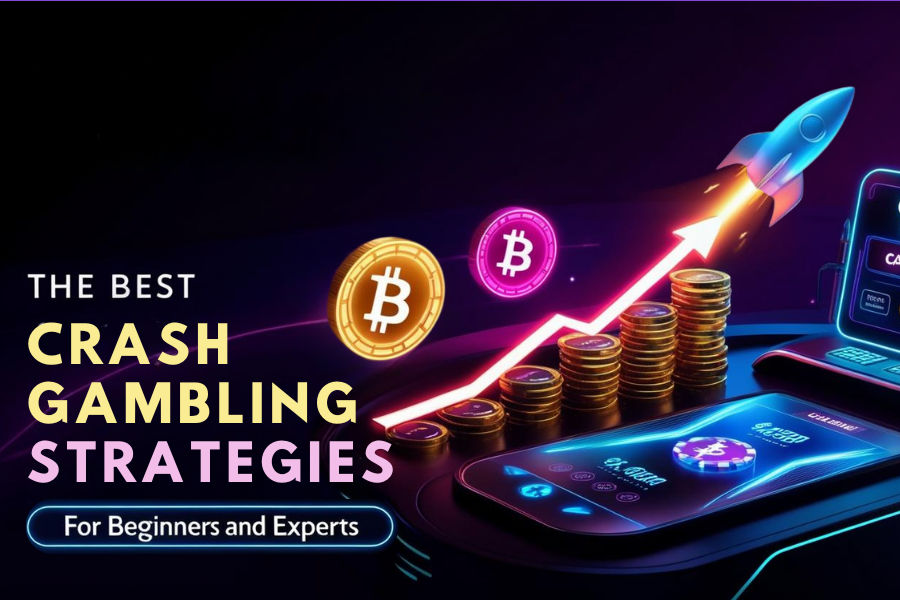 Rocket from Crash gambling soaring upward over a phone with Bitcoins around it