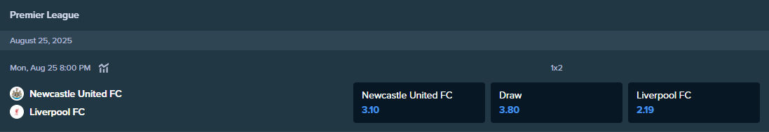 betting odds from stake.com for the match between newcastle united fc and liverpool fc
