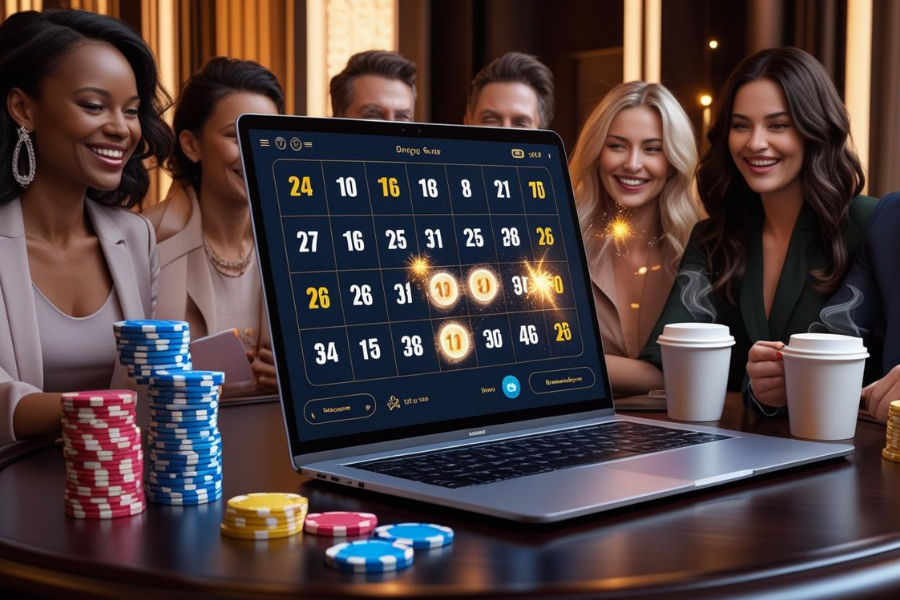 a set of people gathered around a laptop playing online bingo