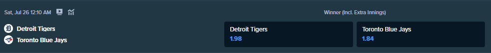 the betting odds from stake.com for the match between tigers and blue jays