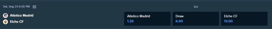 betting odds from stake.com for the match between atletico madrid and elche fc football teams