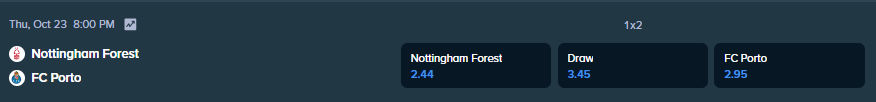 betting odds from stake.com for the match between fc porto and nottingham forrest