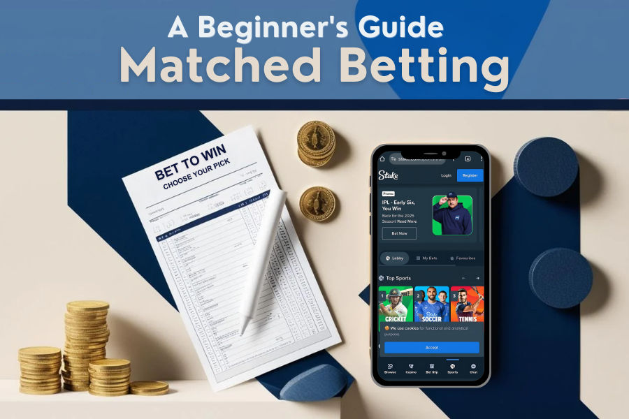 Matched Betting cover with betting slips, odds calculators, cash, and sports icons