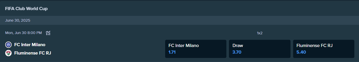 betting odds from stake.com for the match between inter milan and fluminense