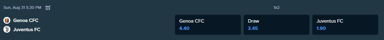 betting odds from stake.com for the match between juventus and genoa