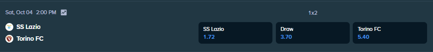 betting odds from stake.com for inter milan and cremonese