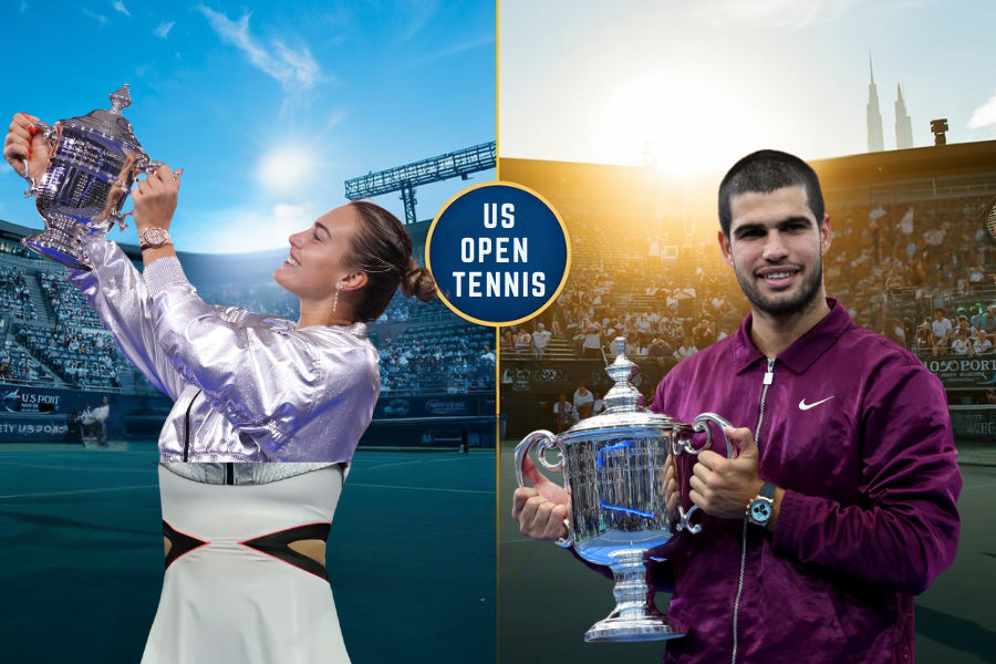 carlos alcaraz and aryna sabalenka winning on the us open tennis 2025