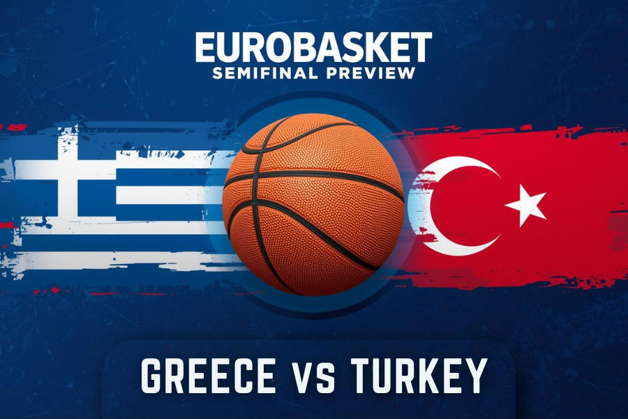 a volleyball in the middle of the turkey and and the greece flags