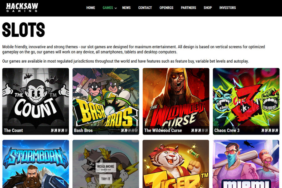 website interface of hacksaw gaming