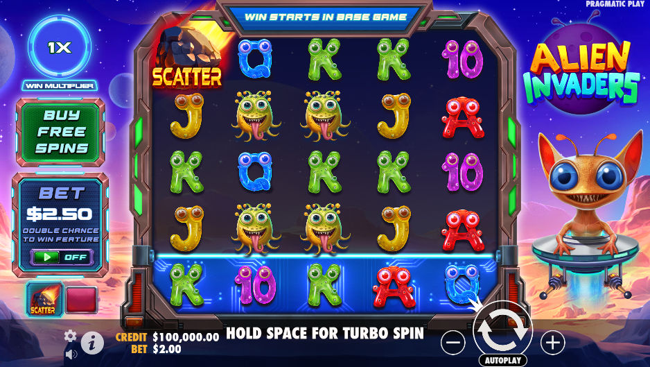 Pragmatic Playによるエイリアン・インベーダー・スロットのプレイインターフェース