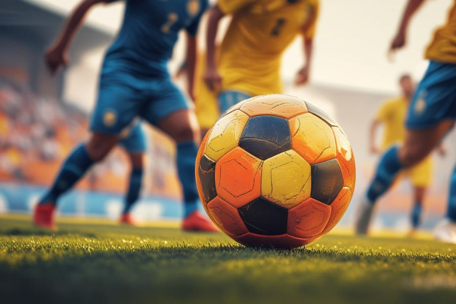 a football in the middle of a football ground with some players
