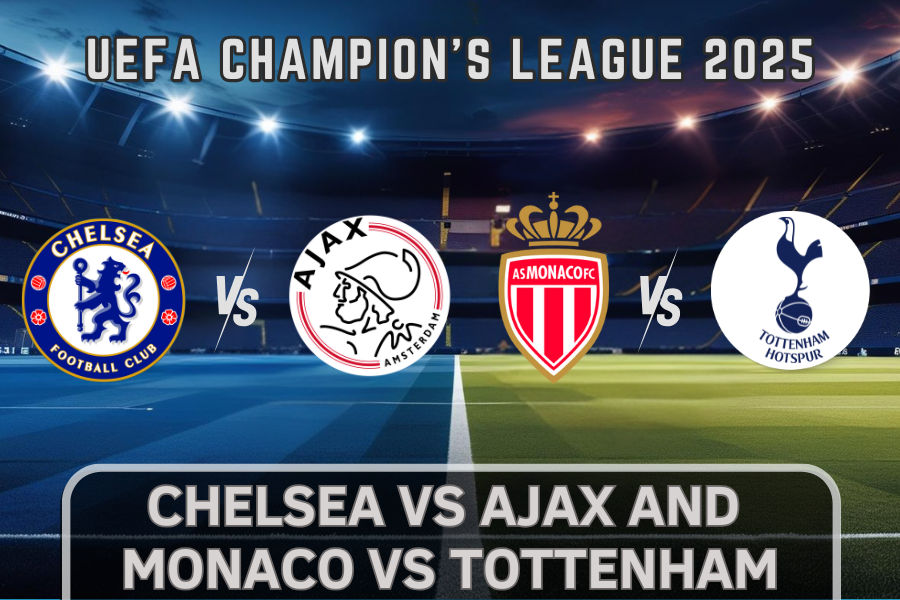 the logos of the football teams of monaco and tottenham and chelsea and ajax