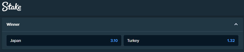 betting odds from stake.com for the volleyball match between japan and turkey