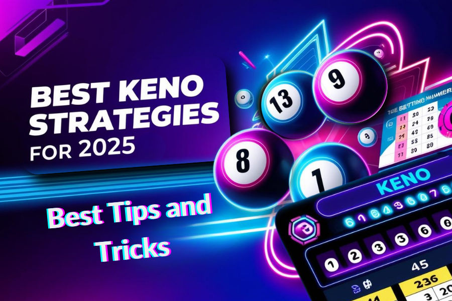 Neon casino-style cover for 'Best Keno Strategies' with glowing Keno balls, tickets & digital board