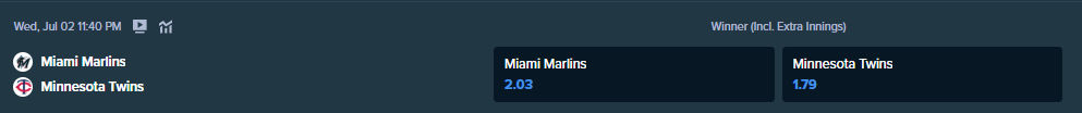 マーリンズとツインズのベッティングオッズ、stake.comより
