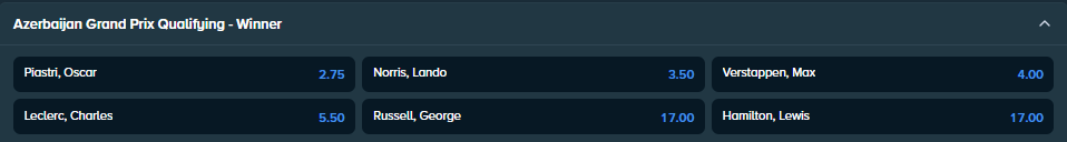 betting odds from stake.com for the f1 azerbaijan grand prix