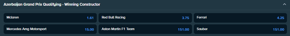 winning team odds for the f1 azerbaijan grand prix from stake.com