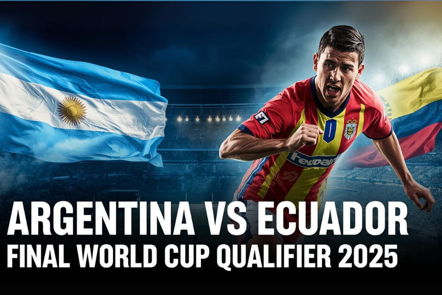 the flags of argentina and ecuador in the world cup qualifier with a football player